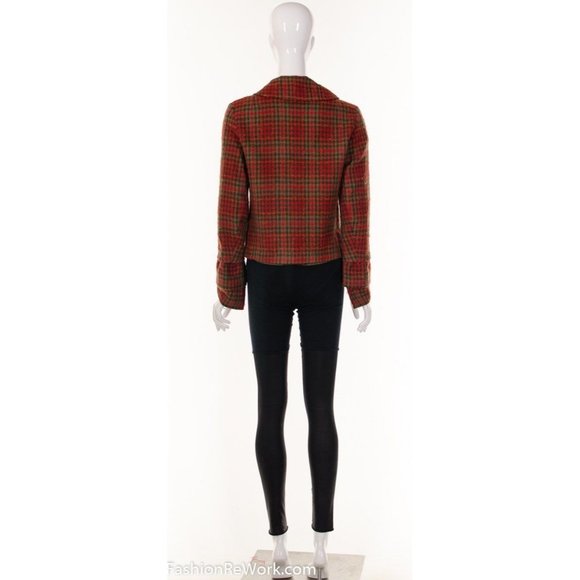 50s RED Plaid Tweed Cropped Jacket Long Sculptural Sleeves Red Plaid Jacke - Picture 4 of 5